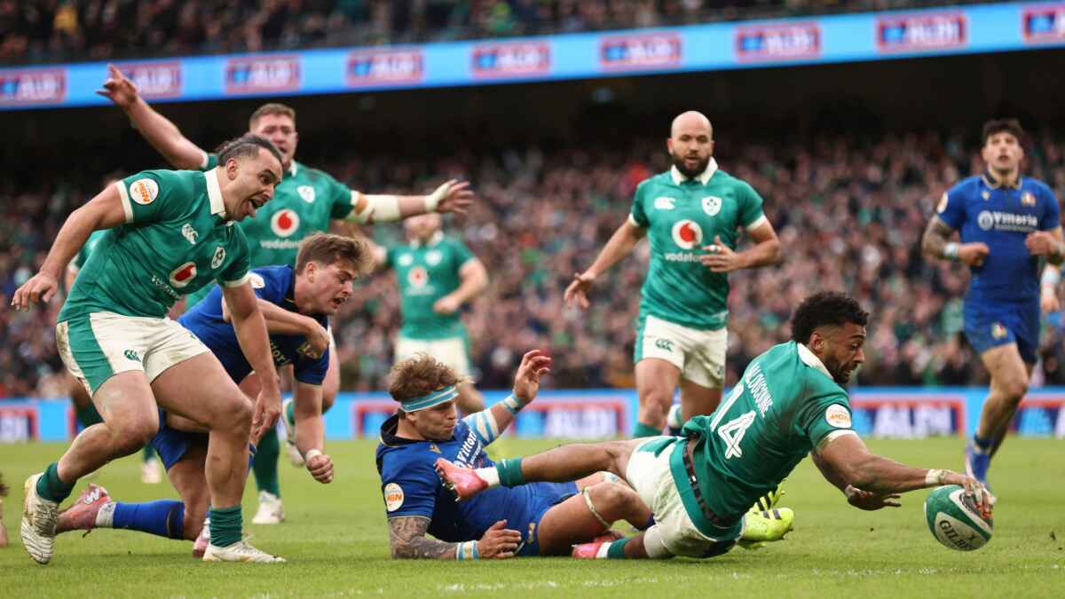 Ireland’s Robert Baloucoune goes over the line to score a try