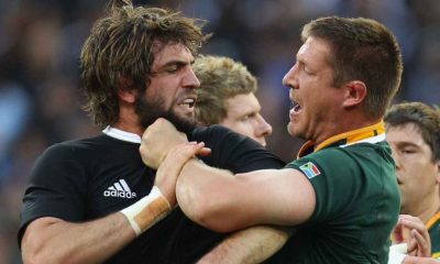 Sam Whitelock of New Zealand and Bakkies Botha of South Africa collide during the 2011 Tri Nations Test in Port Elizabeth.
