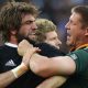 Sam Whitelock of New Zealand and Bakkies Botha of South Africa collide during the 2011 Tri Nations Test in Port Elizabeth.