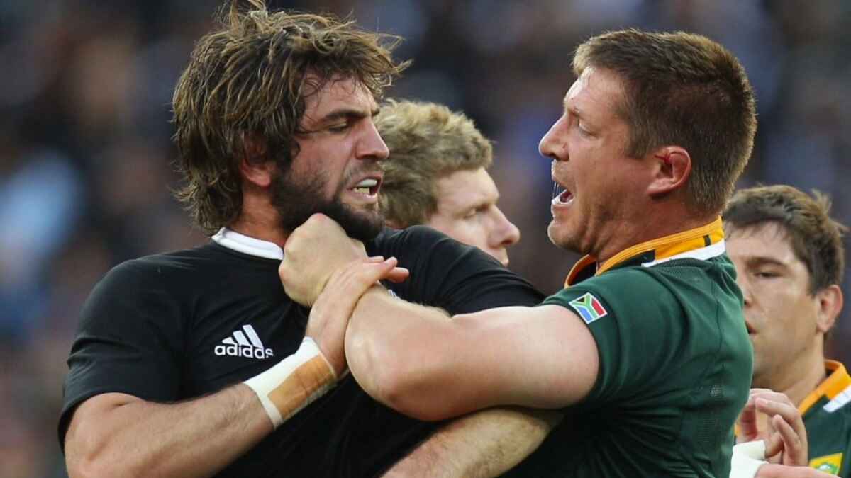 Sam Whitelock of New Zealand and Bakkies Botha of South Africa collide during the 2011 Tri Nations Test in Port Elizabeth.