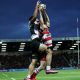 Saracens’ Theo McFarland beats Gloucester’s Tomos Williams to the ball last weekend