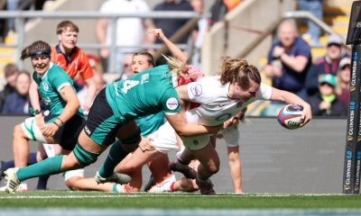 England’s Sarah Bern goes over for her second try
