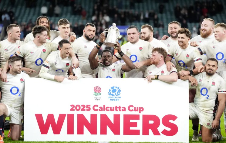 Maro Itoje and team-mates celebrate with the Calcutta Cup after victory over Scotland at Twickenham a year ago 