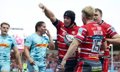 Seb Atkinson celebrates a try for Gloucester