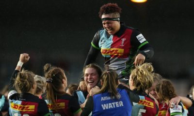 Shaunagh Brown is carried off by her team-mates after her final match for Harlequins