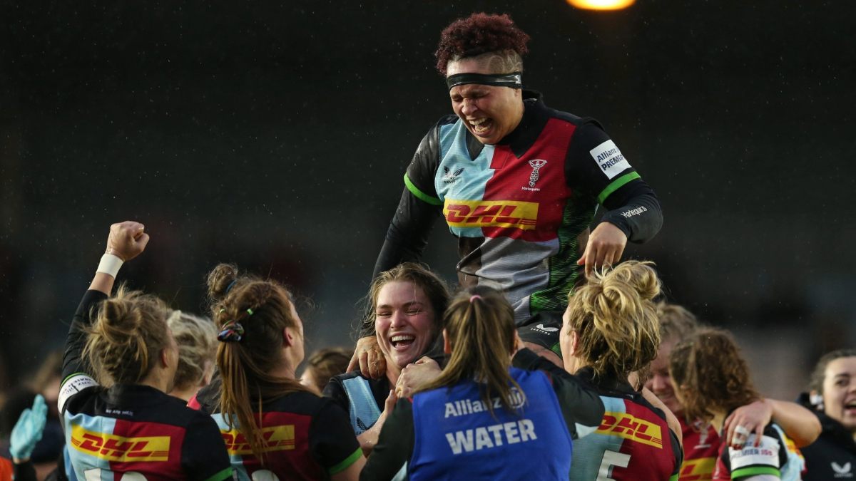 Shaunagh Brown is carried off by her team-mates after her final match for Harlequins