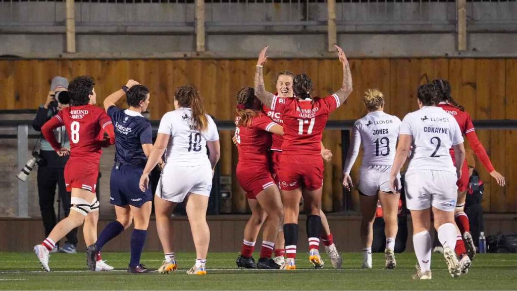 Sophie de Goede celebrates a second-half try for Canada against England