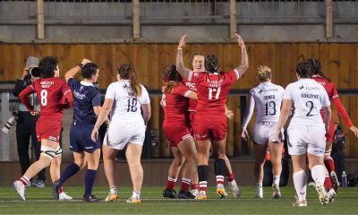 Sophie de Goede celebrates a second-half try for Canada against England
