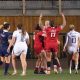 Sophie de Goede celebrates a second-half try for Canada against England