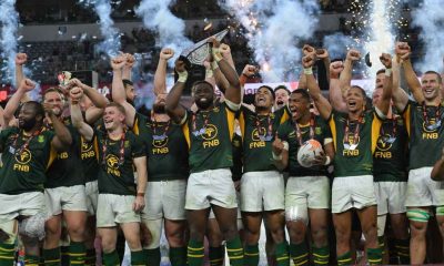 Springboks celebrate with the Rugby’s Greatest Rivalry trophy