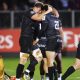 Bath’s Ted Hill celebrates scoring Bath’s decisive try with Santi Carreras