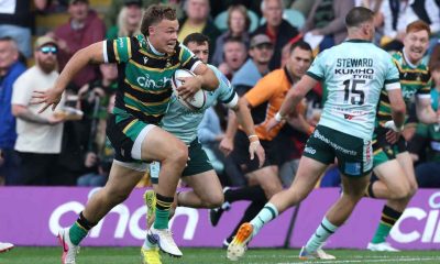 Tom Litchfield breaks to score a try for Northampton Saints