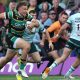 Tom Litchfield breaks to score a try for Northampton Saints