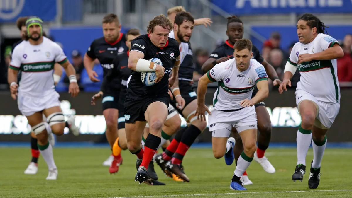 Tom Woolstencroft in action for Saracens against his former club London Irish.