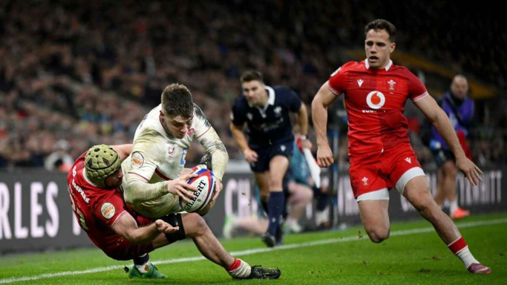 Tommy Freeman scores England's seventh try yesterday