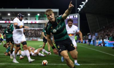 Tommy Freeman celebrates scoring for Northampton Saints.