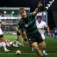 Tommy Freeman celebrates scoring for Northampton Saints.