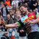 Will Evans celebrates after scoring for Harlequins at Twickenham to see off Exeter Chiefs