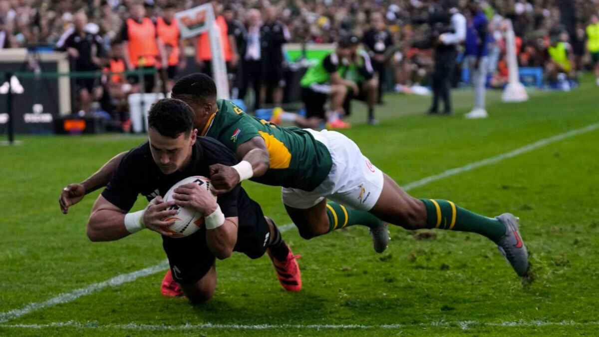 Will Jordan crashes over to score for New Zealand in their victory over South Africa in the first Test in Johannesburg.