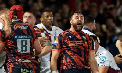 Gloucester No.8/flanker Will Trenholm celebrates at the final whistle on Friday night