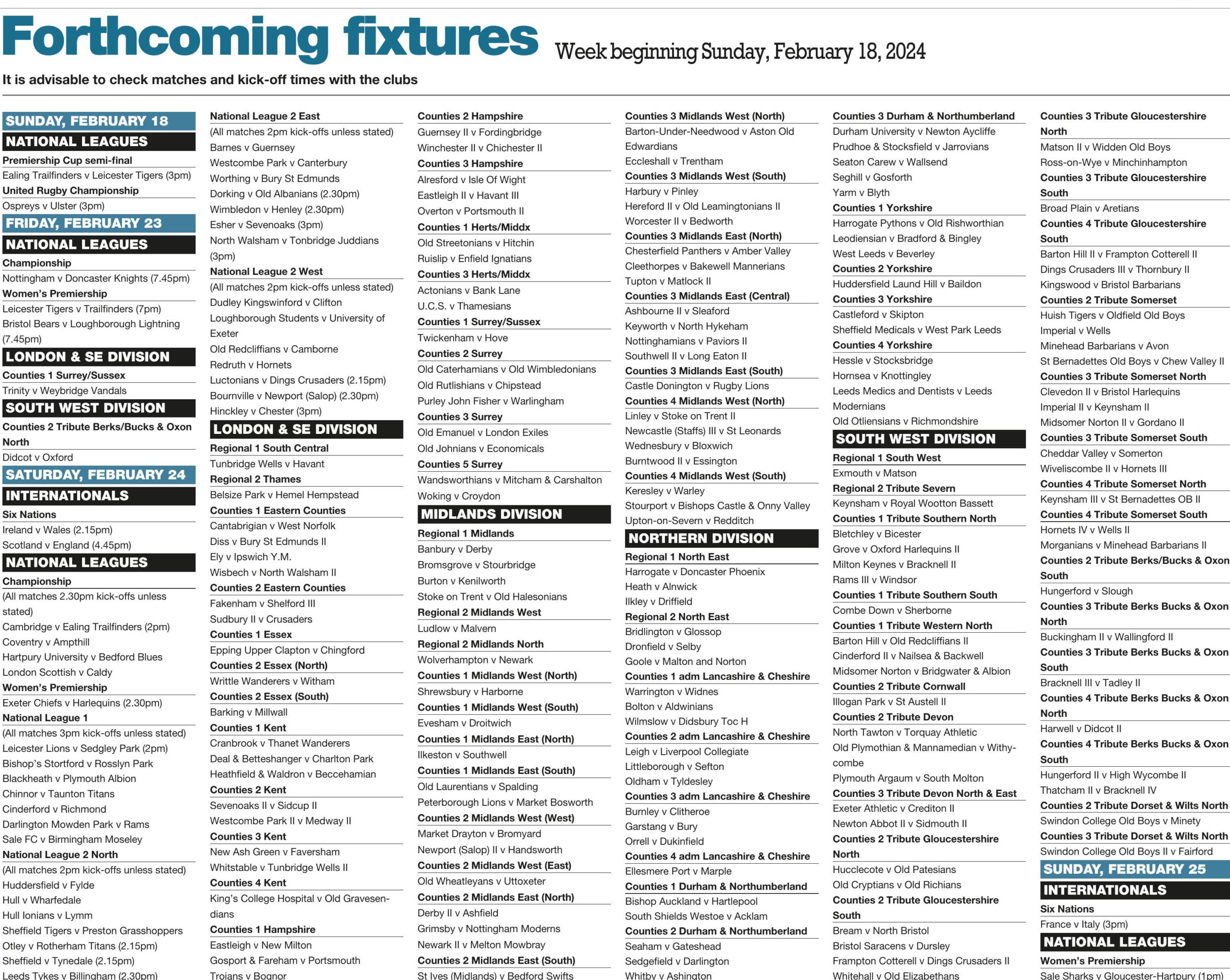 Forthcoming fixtures