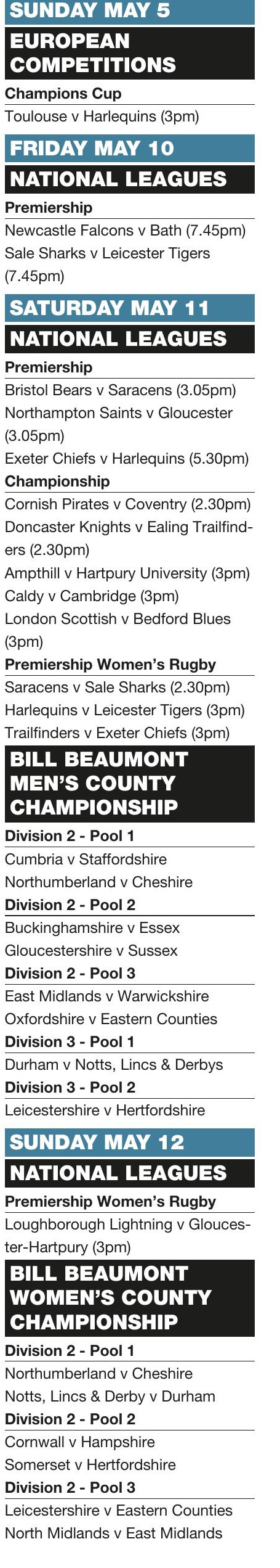 Forthcoming fixtures