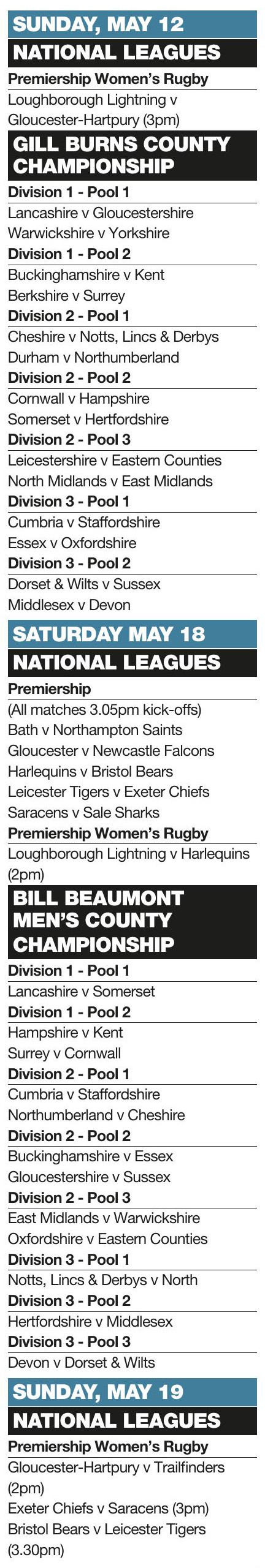 Forthcoming fixtures