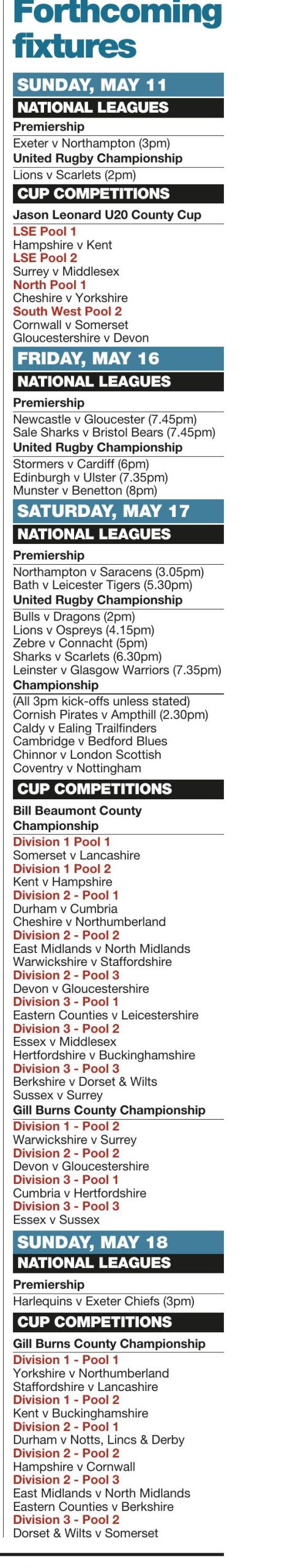 Forthcoming fixtures