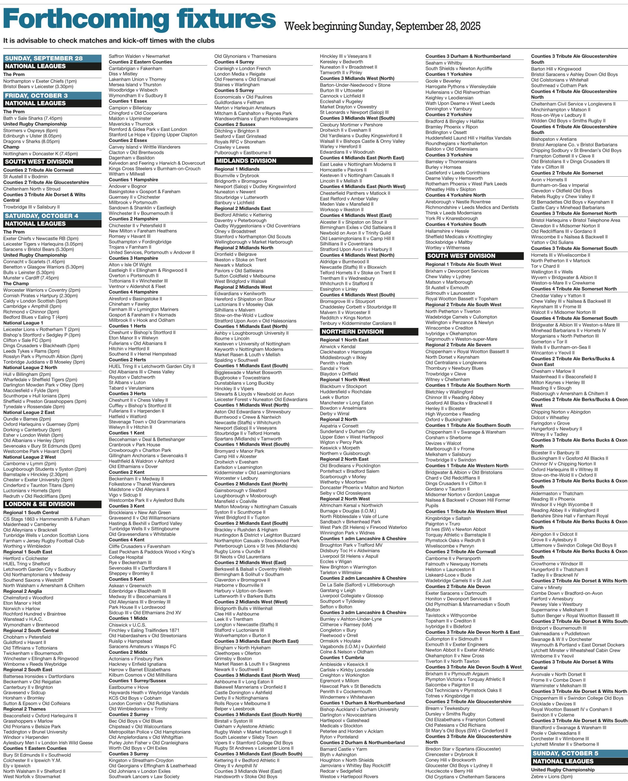 Forthcoming fixtures