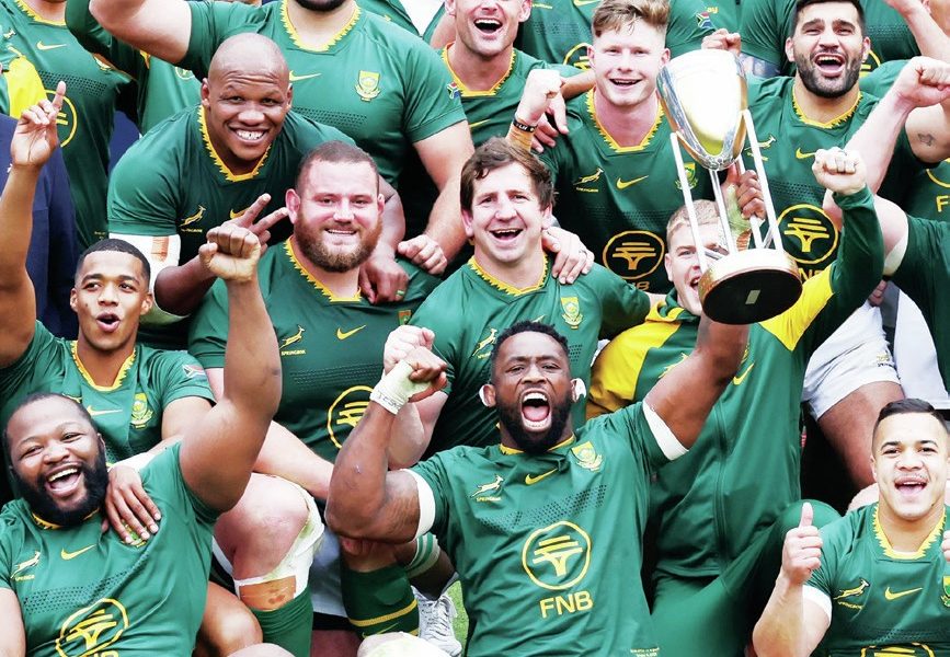 Captain Siya Kolisi leads the celebrations for South Africa