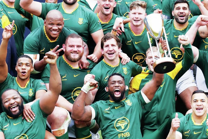 Captain Siya Kolisi leads the celebrations for South Africa