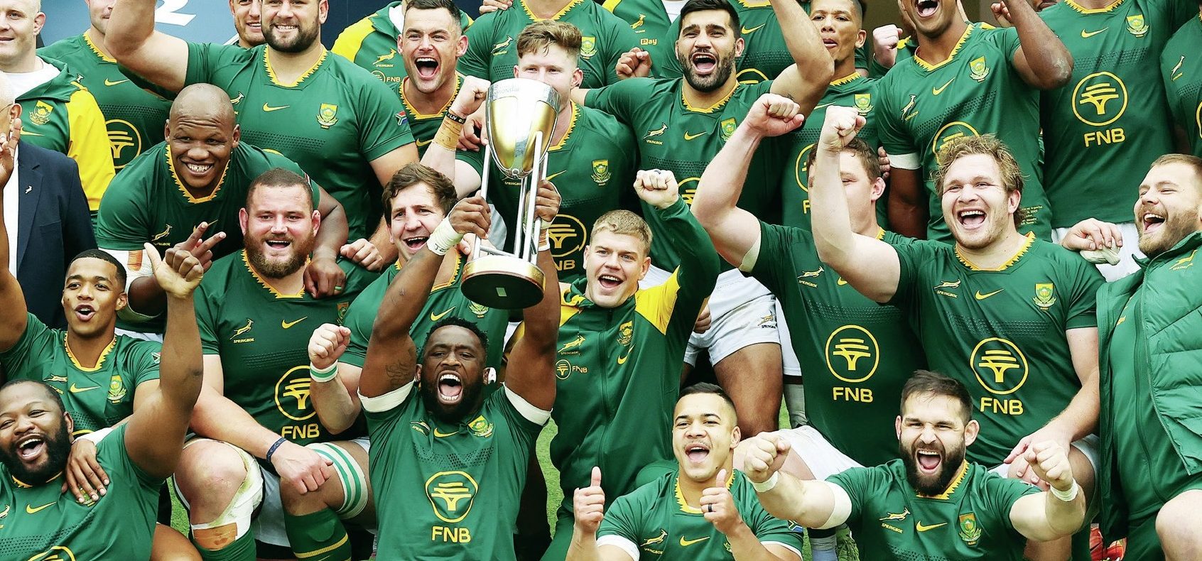 South Africa’s Siya Kolisi raises the Rugby Championship trophy