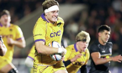 Alex Coles on his way to the try line for Northampton Saints