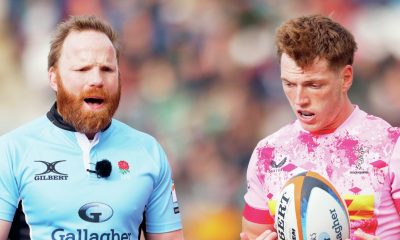 Referee Hamish Smales looks on as Will Porter prepares for a Quins scrum
