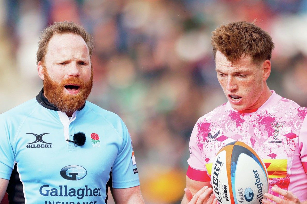 Referee Hamish Smales looks on as Will Porter prepares for a Quins scrum