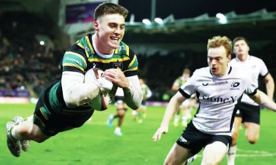 Northampton Saints’ Tommy Freeman dives over for his fourth try