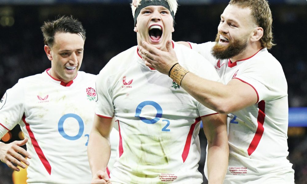 Henry Pollock celebrates scoring England’s second try with Alex Mitchell and Luke Cowan-Dickie
