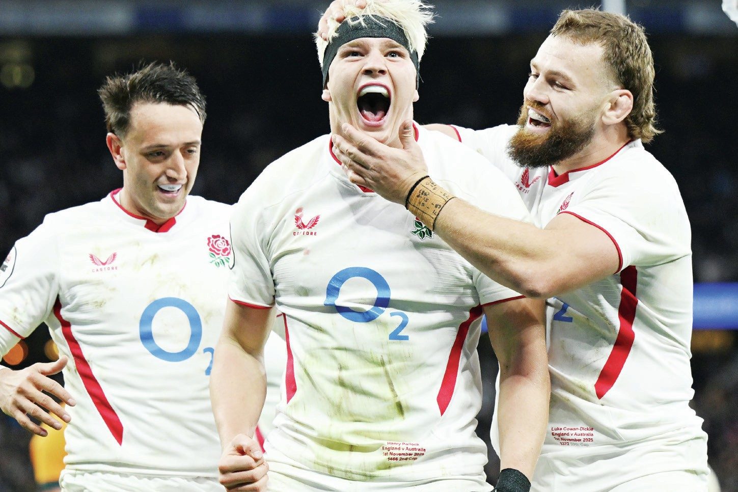 Henry Pollock celebrates scoring England’s second try with Alex Mitchell and Luke Cowan-Dickie