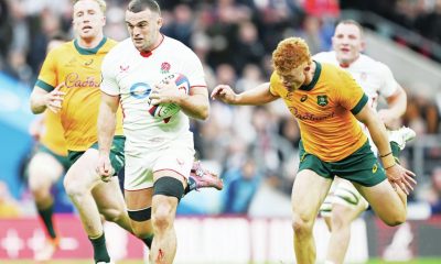Ben Earl breaks to score England’s first try against Australia yesterday