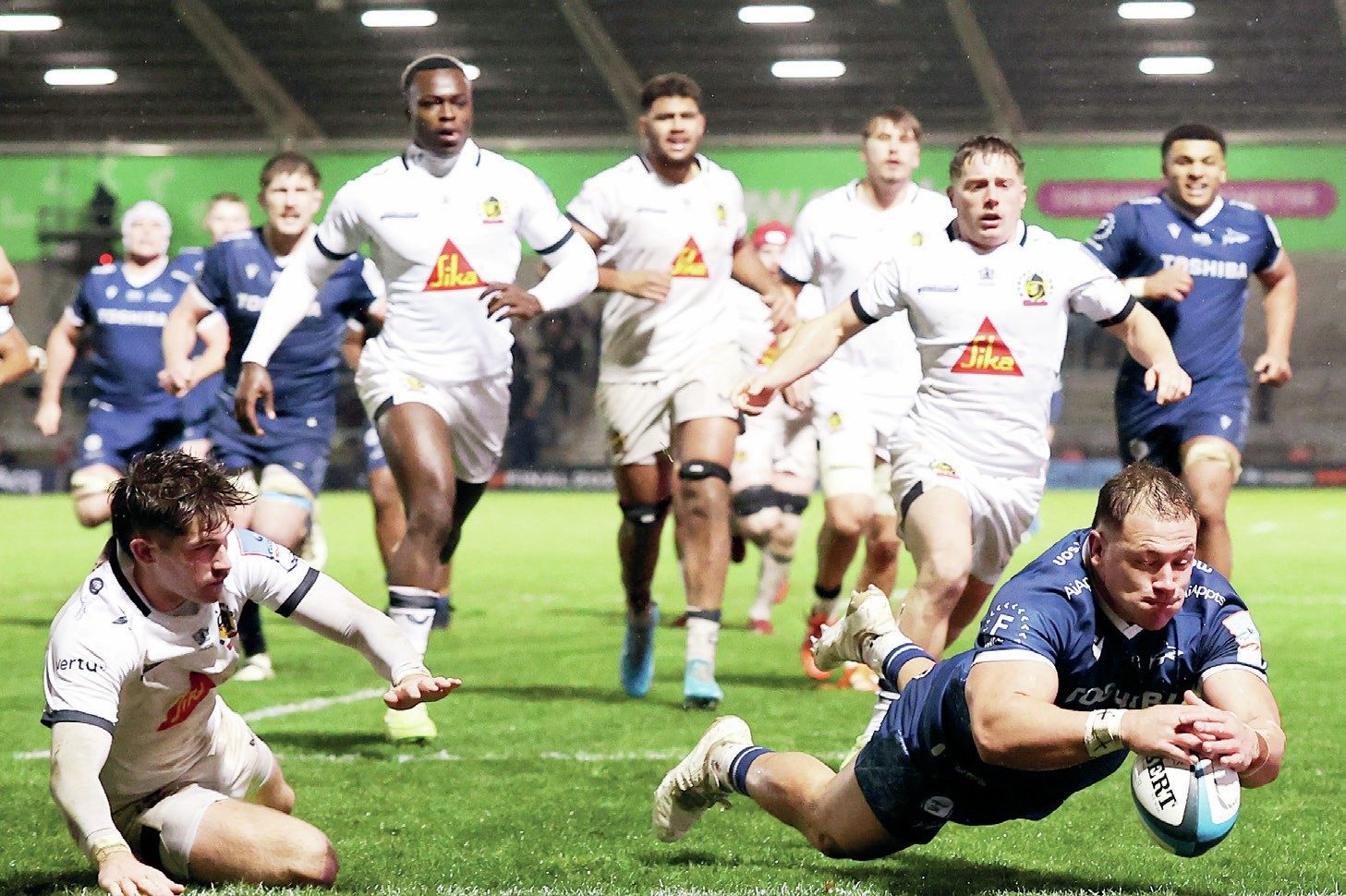 Tadgh McElroy goes over to score for Sale Sharks