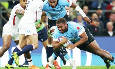 Fiji’s Tevita Ikanivere scoring against England earlier this month