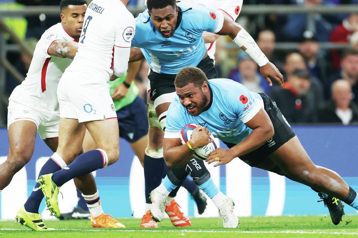 Fiji’s Tevita Ikanivere scoring against England earlier this month