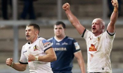 Harvey Skinner, left, and Jack Yeandle celebrate Exeter Chiefs’ victory at the final whistle
