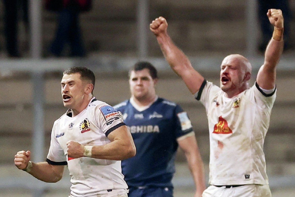 Harvey Skinner, left, and Jack Yeandle celebrate Exeter Chiefs’ victory at the final whistle