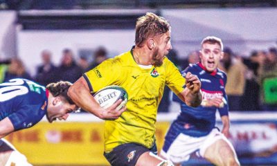 Ealing Trailfinders lock Matas Jurevicius makes a break through the London Scottish defence