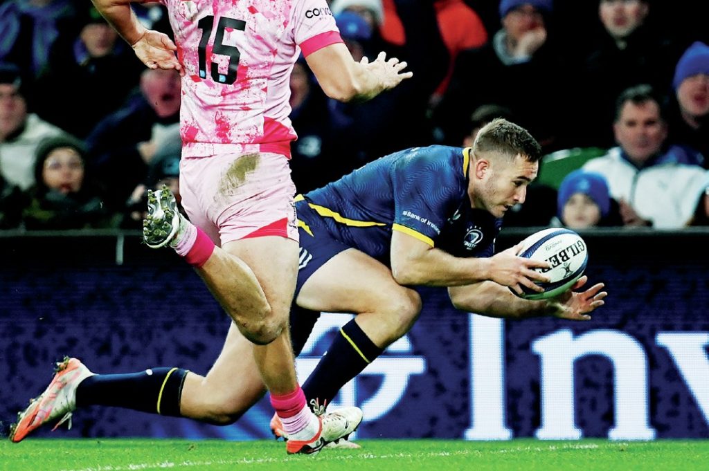 Leinster's Jordan Larmour goes over for his second try