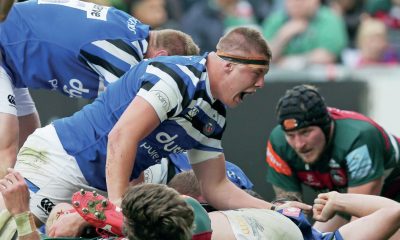 Sam Nixon enjoys a Bath try in victory against Leicester in 2019