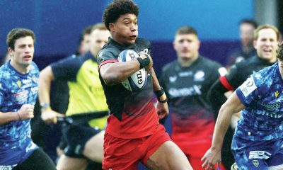 Noah Caluori streaks away to score the fifth try for Saracens