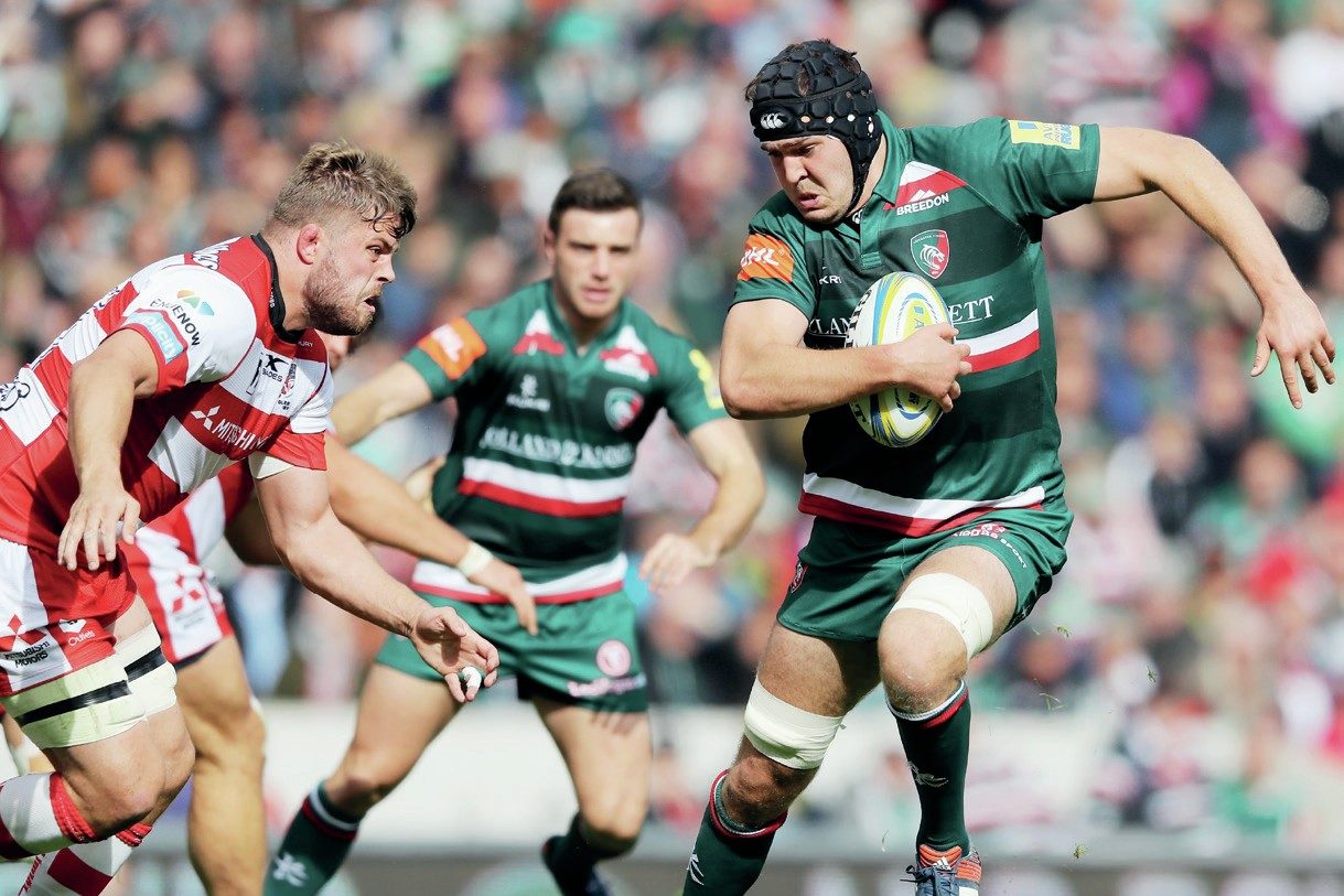 Joe Maksymiw playing for Leicester Tigers in the Premiership, 2017