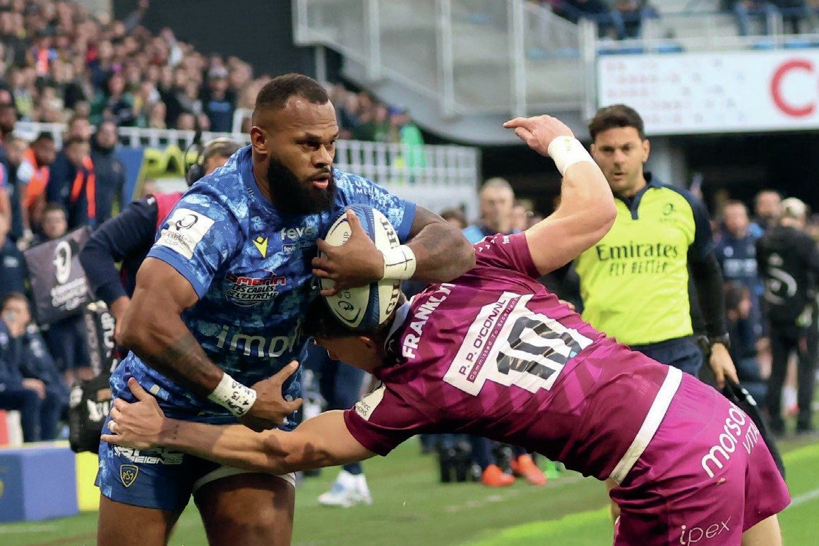 Sale Sharks’ star man Rob du Preez tackles giant Clermont wing Alivereti Raka in the corner